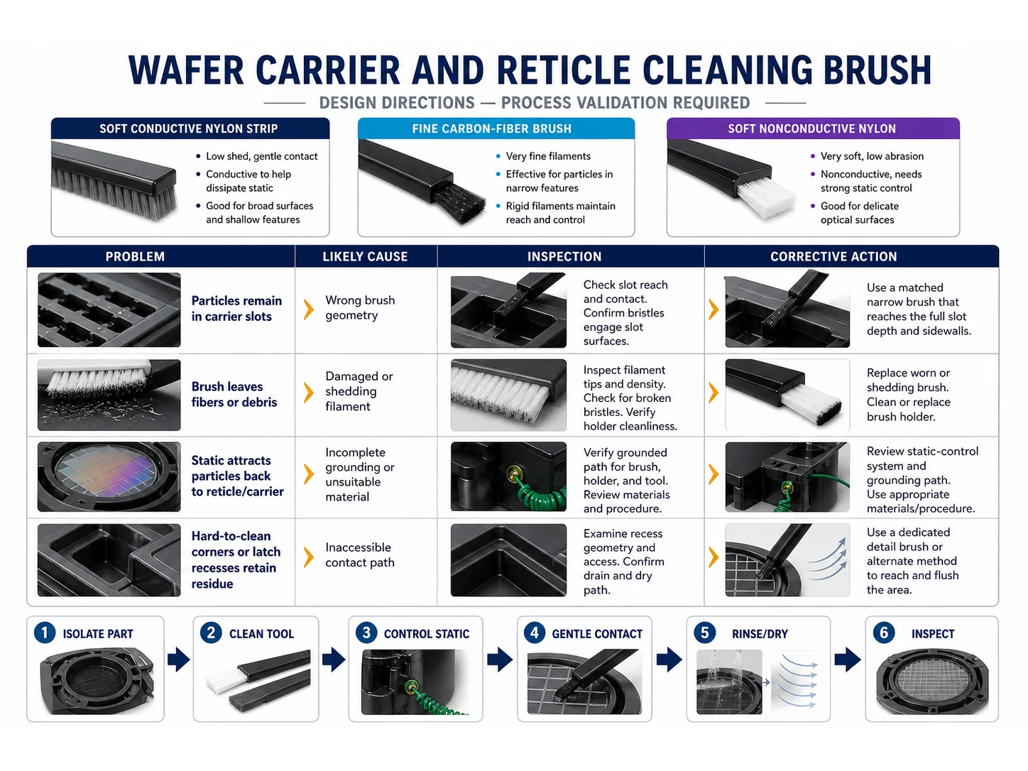 Wafer Carrier and Reticle Brushes: Contamination and Static