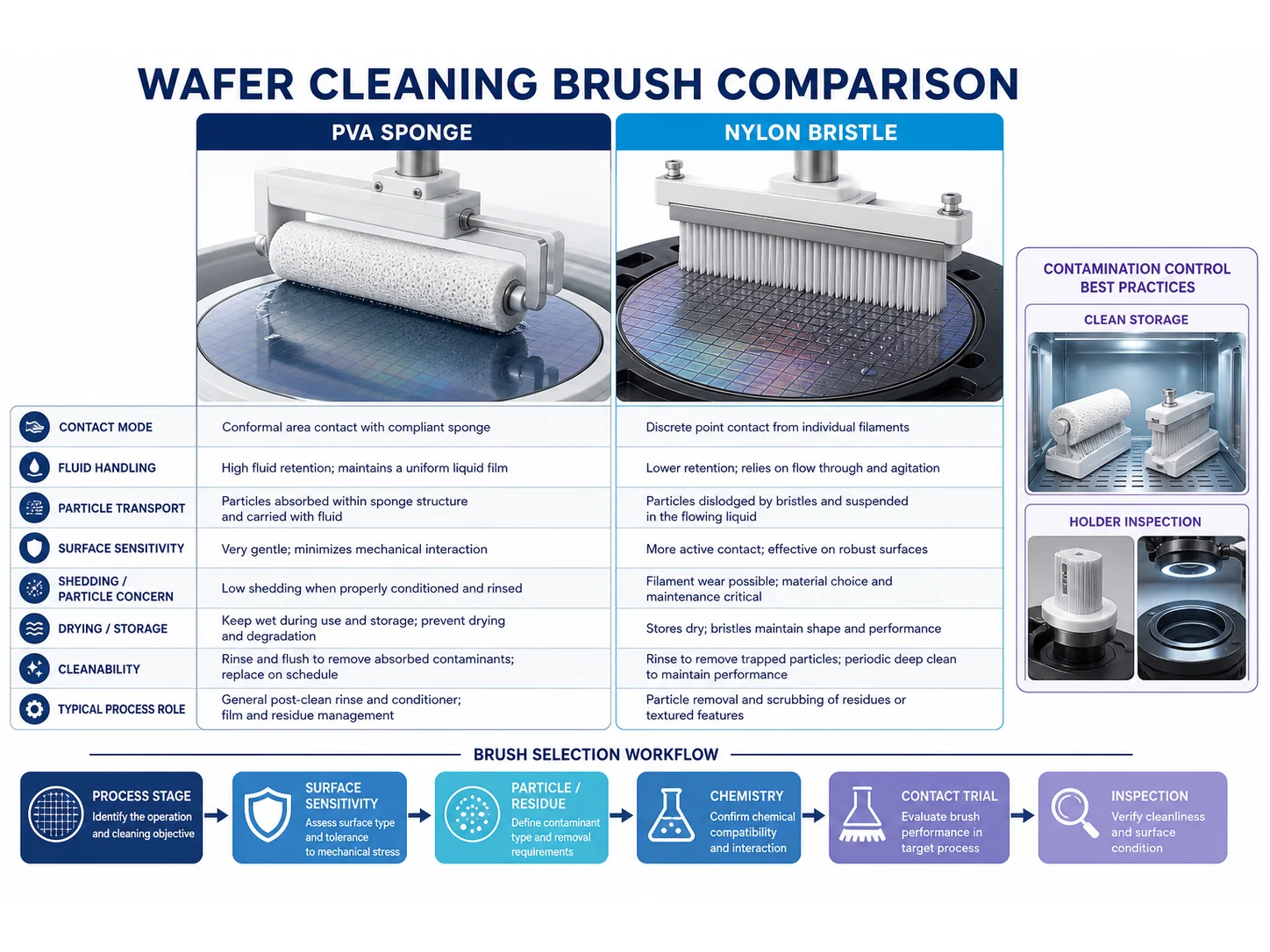 Wafer Cleaning Brushes: PVA Sponge or Nylon Bristle?