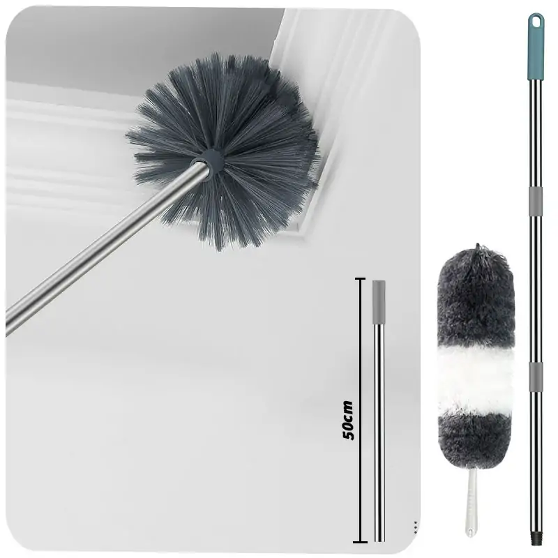 Flagged polyester cobweb brush on a threaded pole socket for ceilings and high wall corners