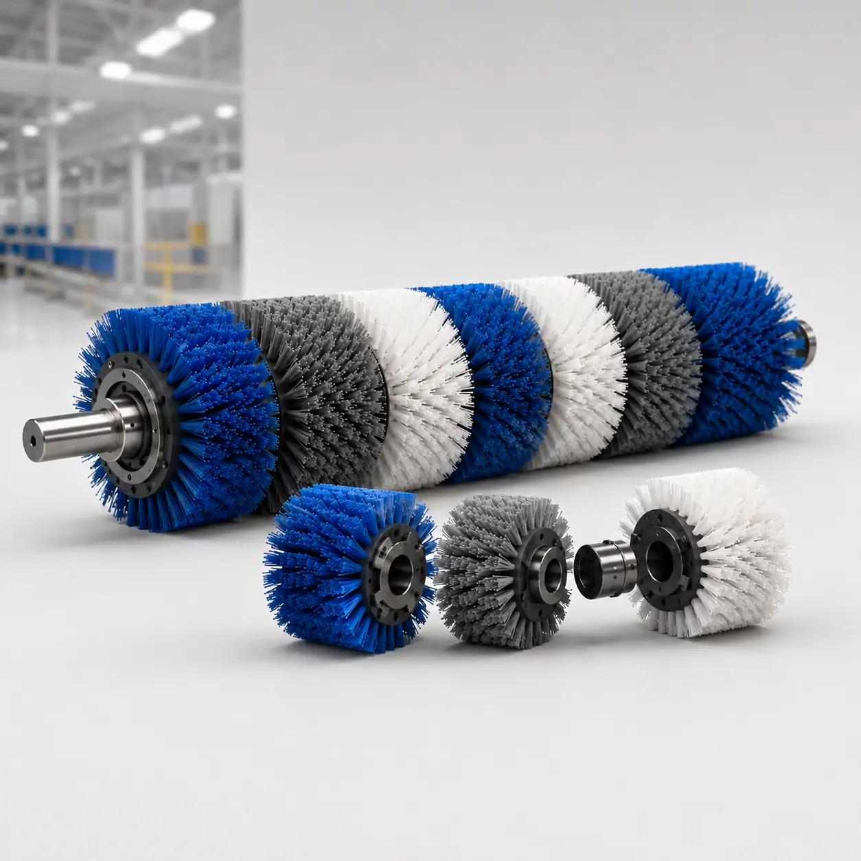 Custom modular brushes assembled from replaceable rings, segments and snap-fit cassettes on a common shaft
