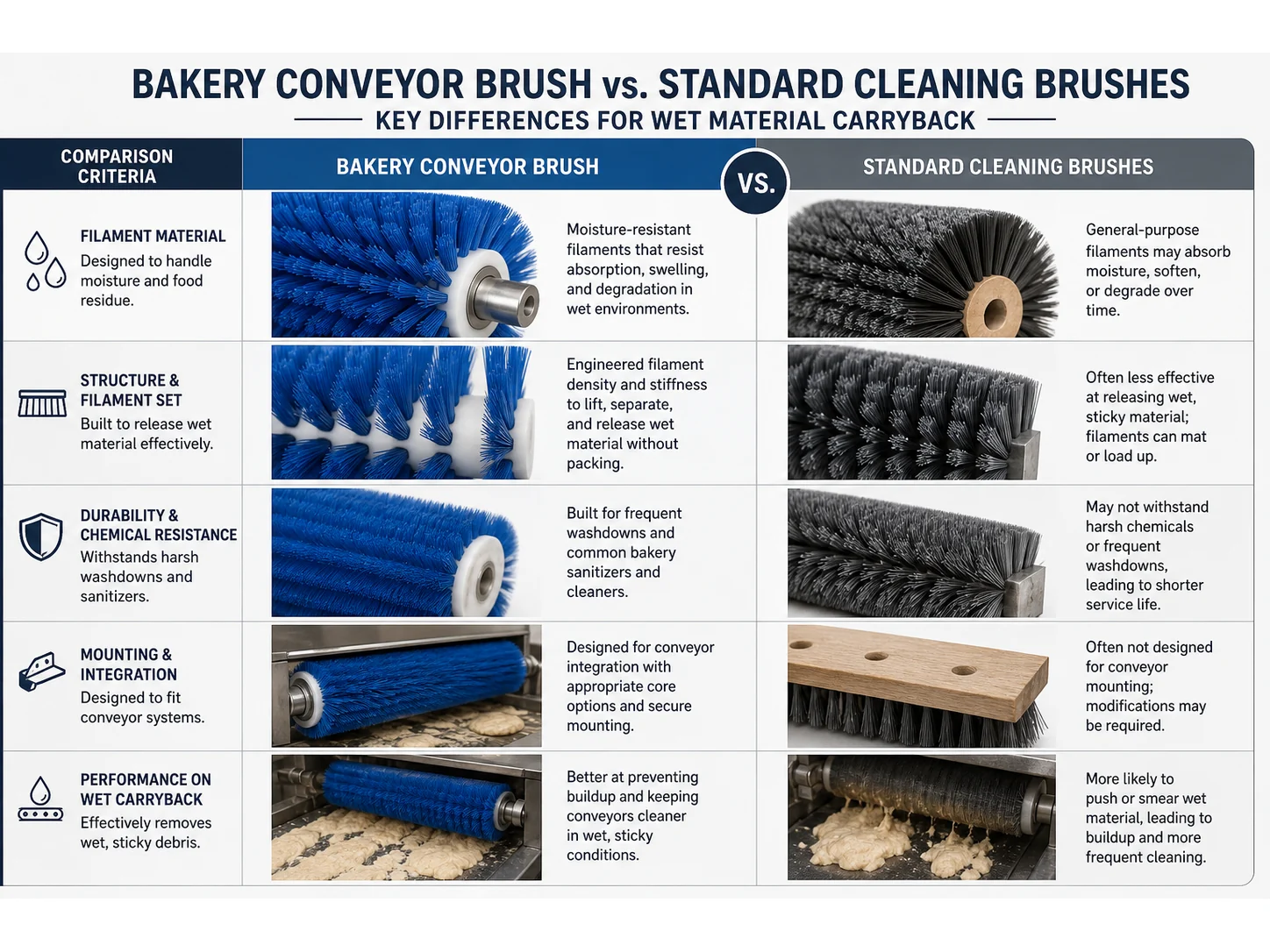 Bakery Conveyor Brush vs Standard Cleaning Brushes: Which Works Better for Wet Material Carryback?