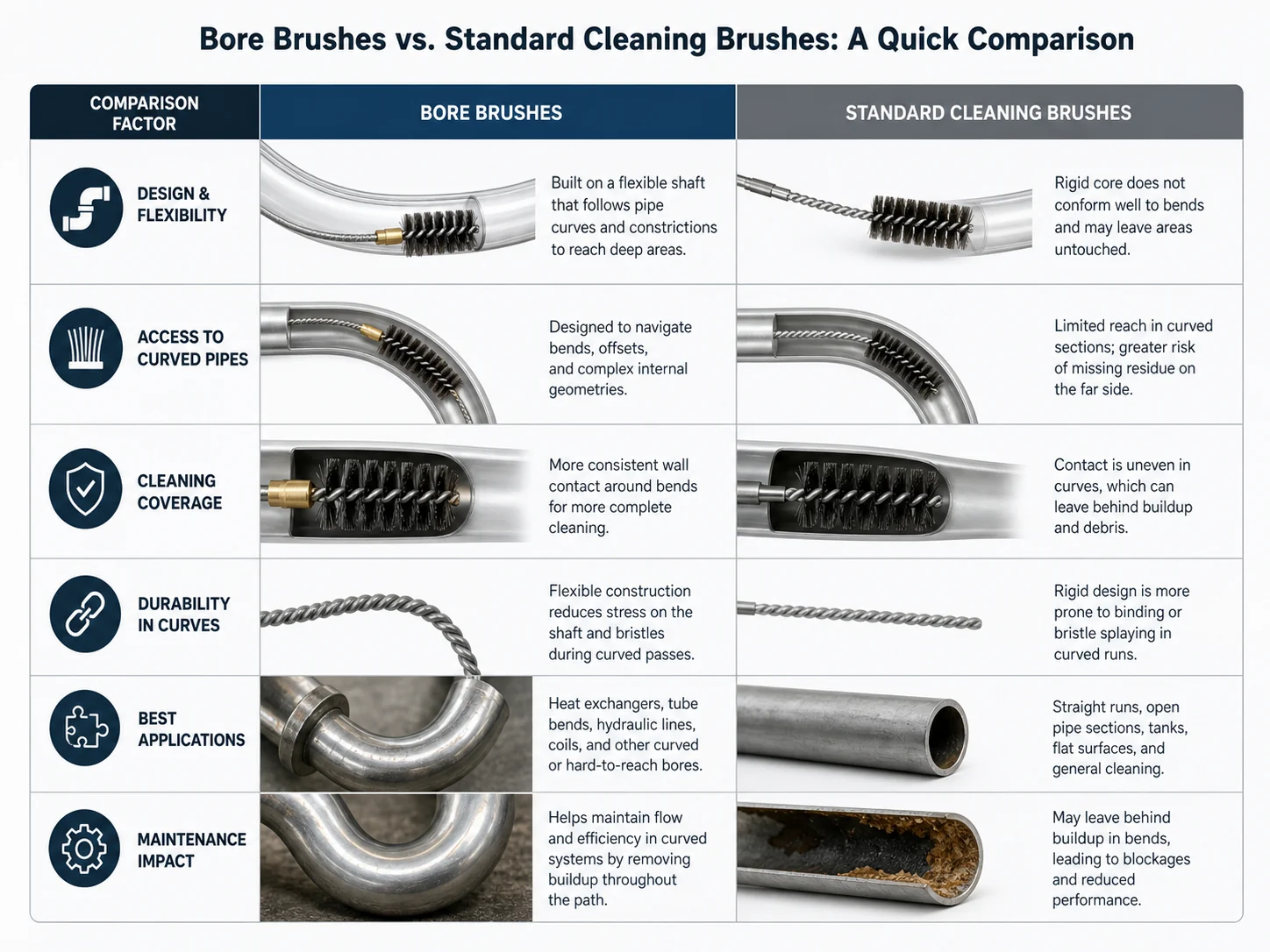 Bore Brushes vs Standard Cleaning Brushes: Which Works Better for Curved Pipes?