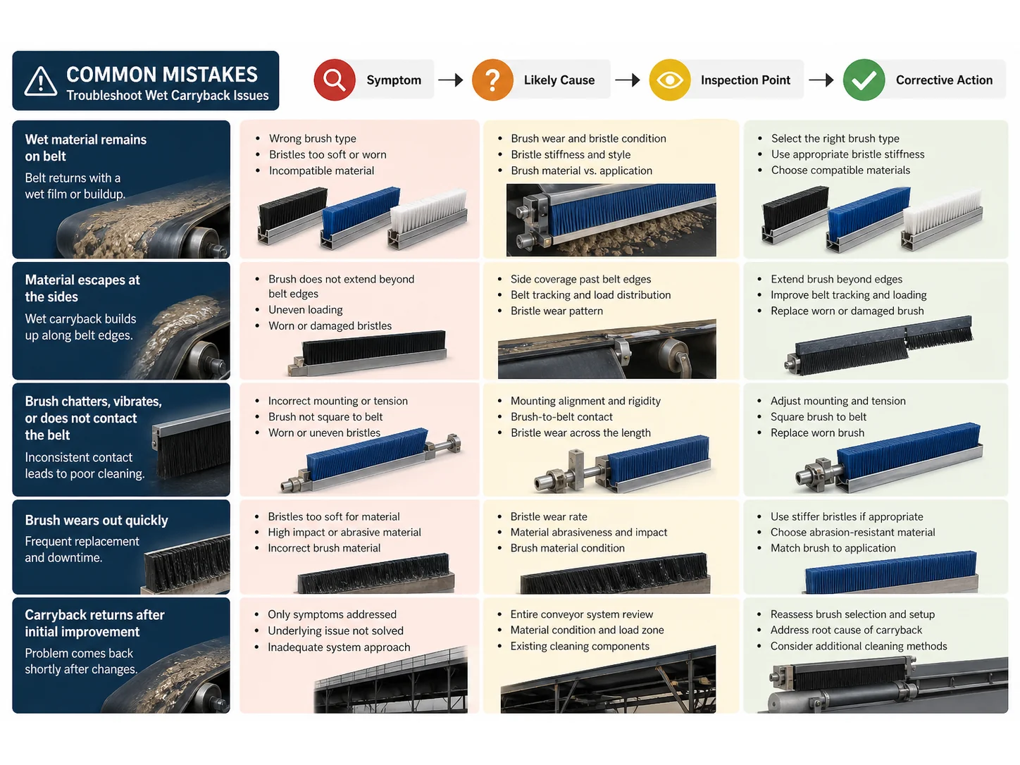 Common Food Conveyor Belt Brush Mistakes in Wet Material Carryback and How to Avoid Them
