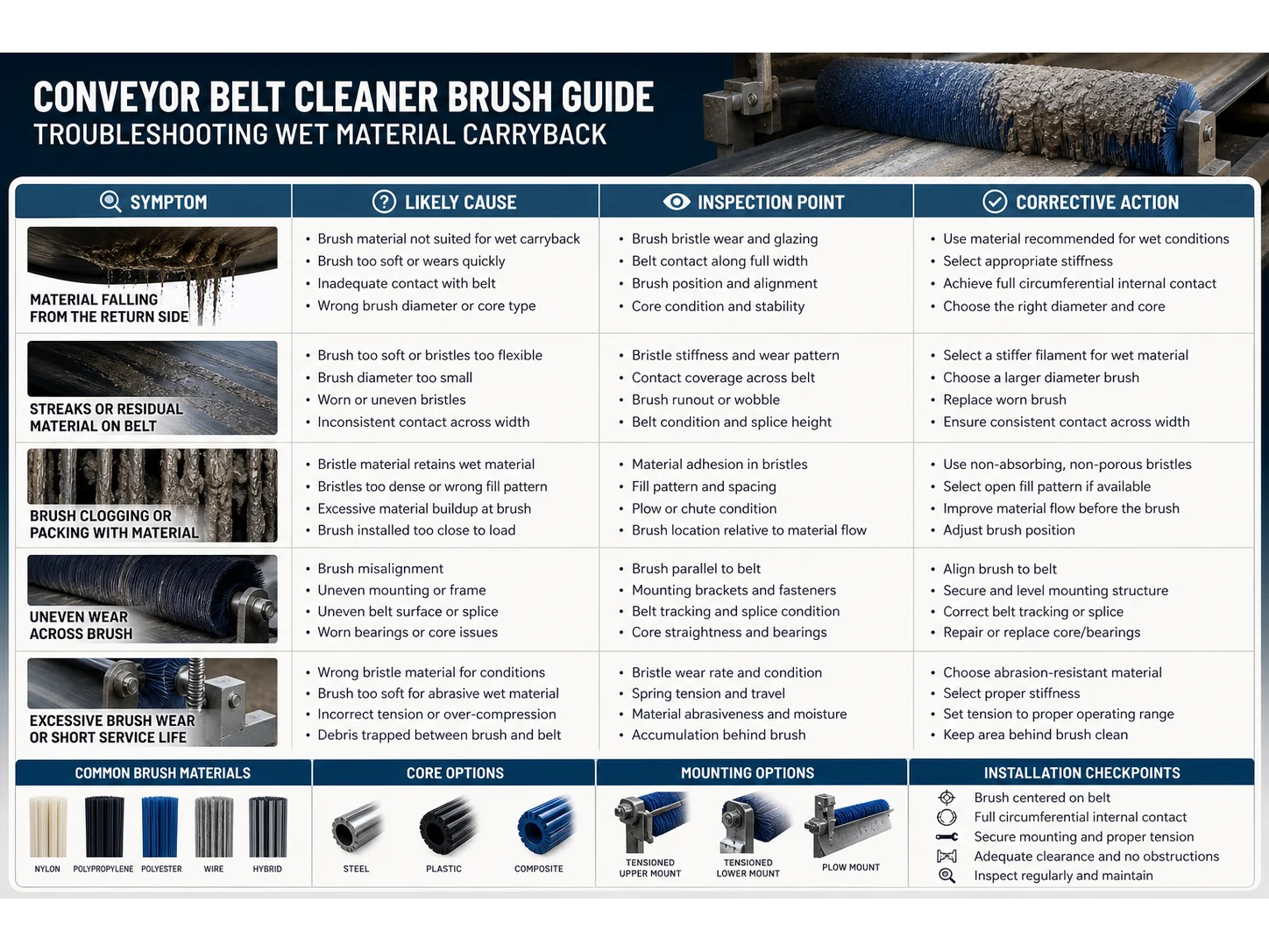 Conveyor Belt Cleaner Brush Guide: Materials, Size, and Mistakes for Wet Material Carryback