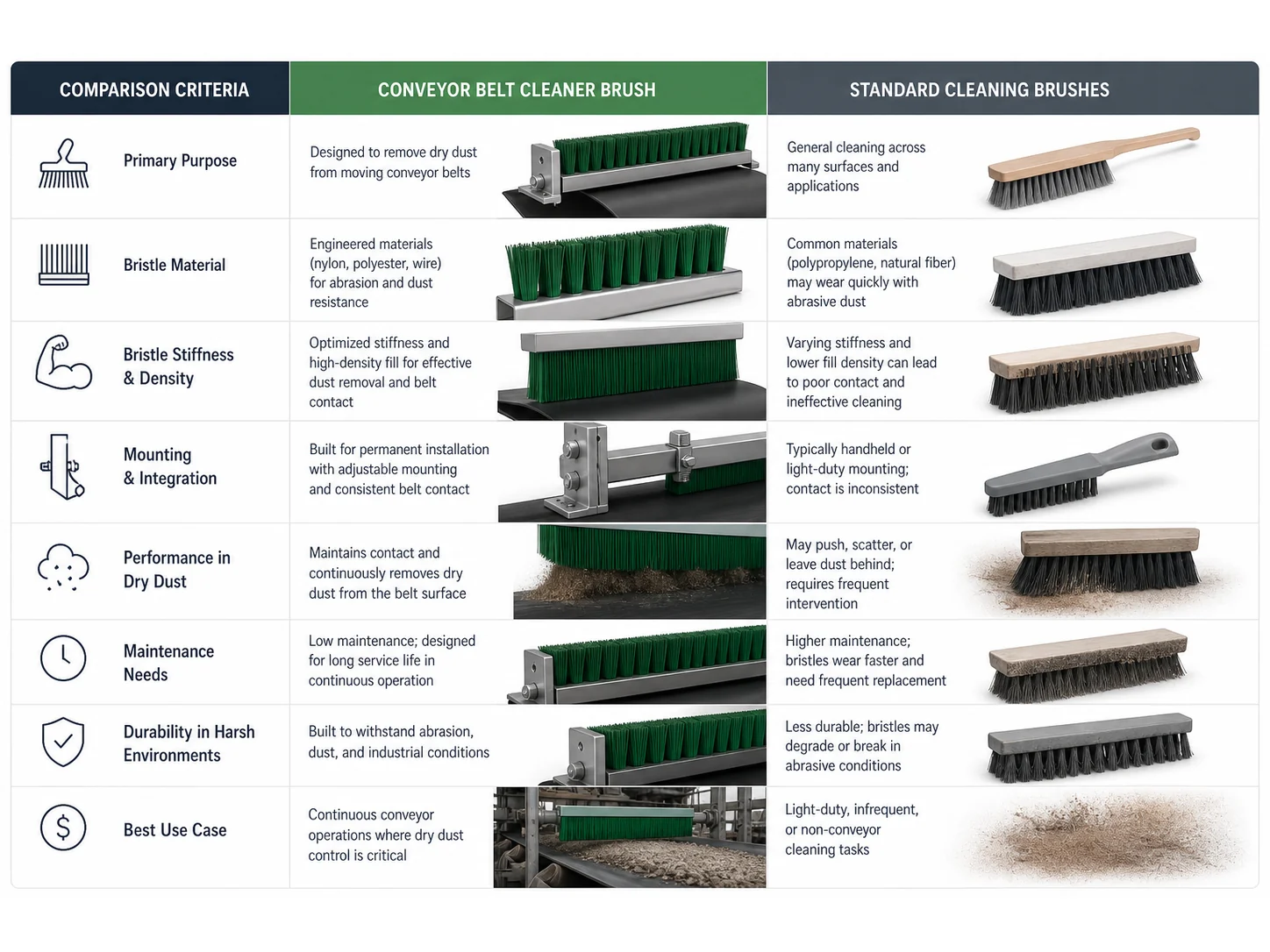 Conveyor Belt Cleaner Brush vs Standard Cleaning Brushes: Which Works Better for Dry Dust?
