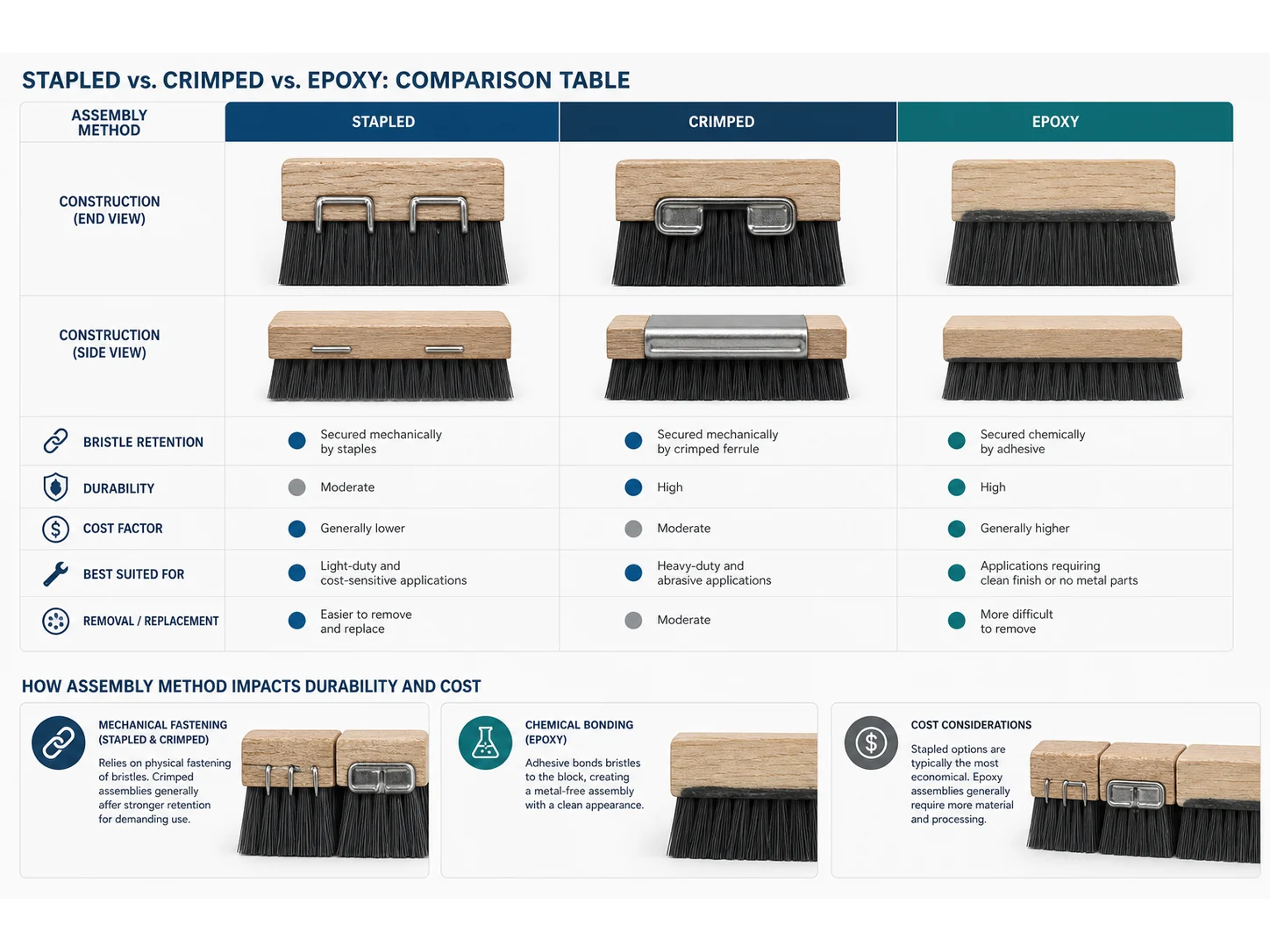 Brush Assembly Methods: Stapled vs Crimped vs Epoxy for Custom Orders
