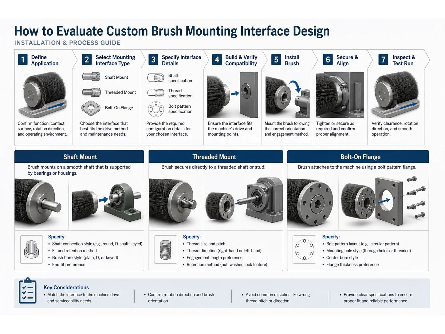 How to Evaluate Custom Brush Mounting Interface Design for Shaft Thread and Bolt Patterns