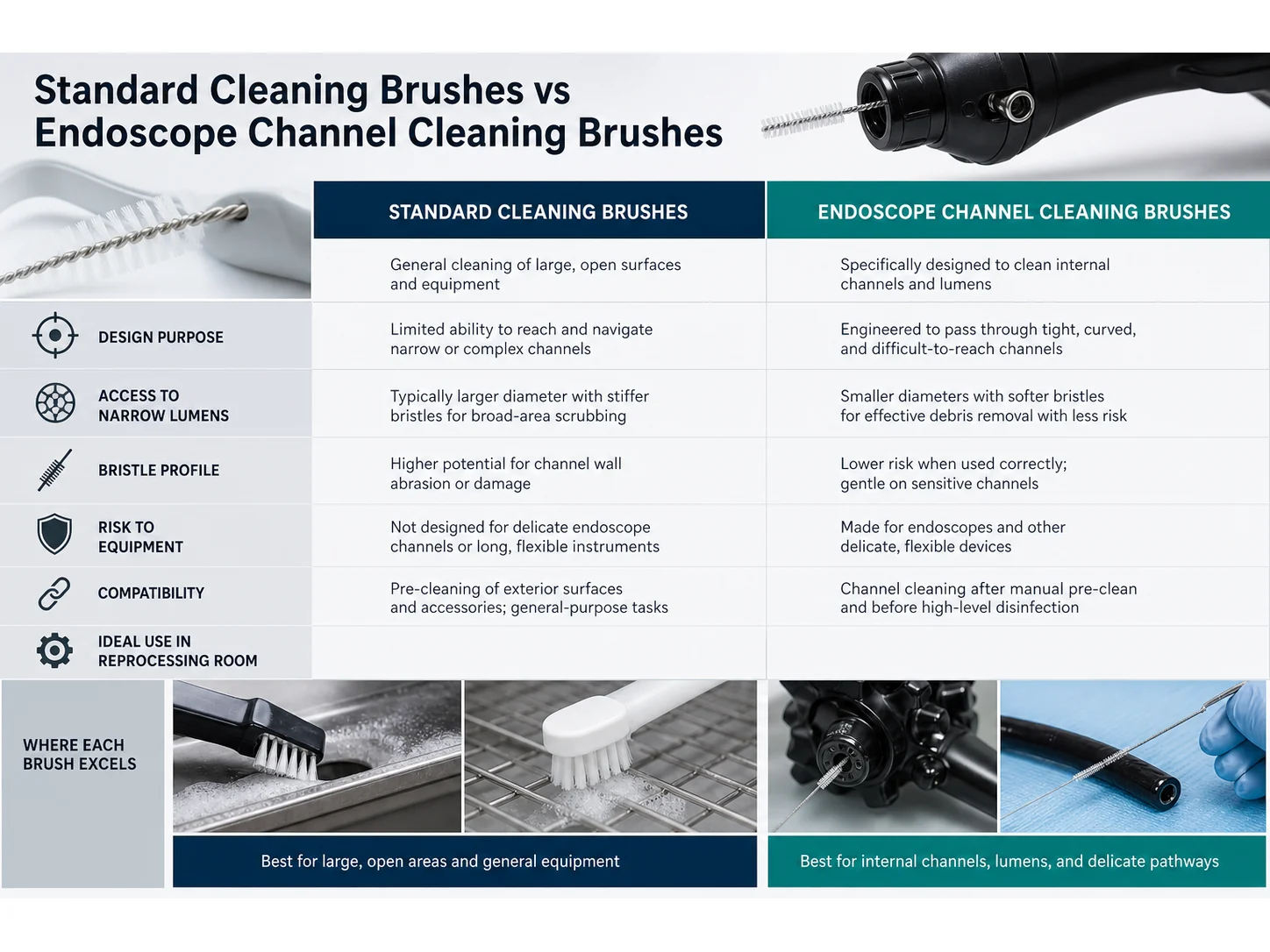 Endoscope Channel Cleaning Brush vs Standard Cleaning Brushes: Which Works Better for Hospital Reprocessing Rooms?