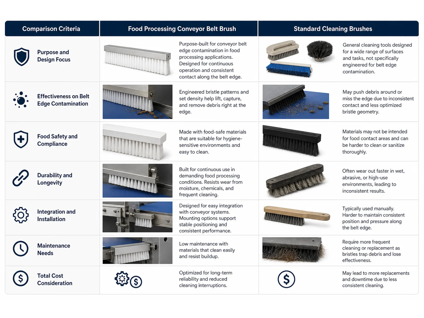 Food Processing Conveyor Belt Brush vs Standard Cleaning Brushes: Which Works Better for Belt Edge Contamination?