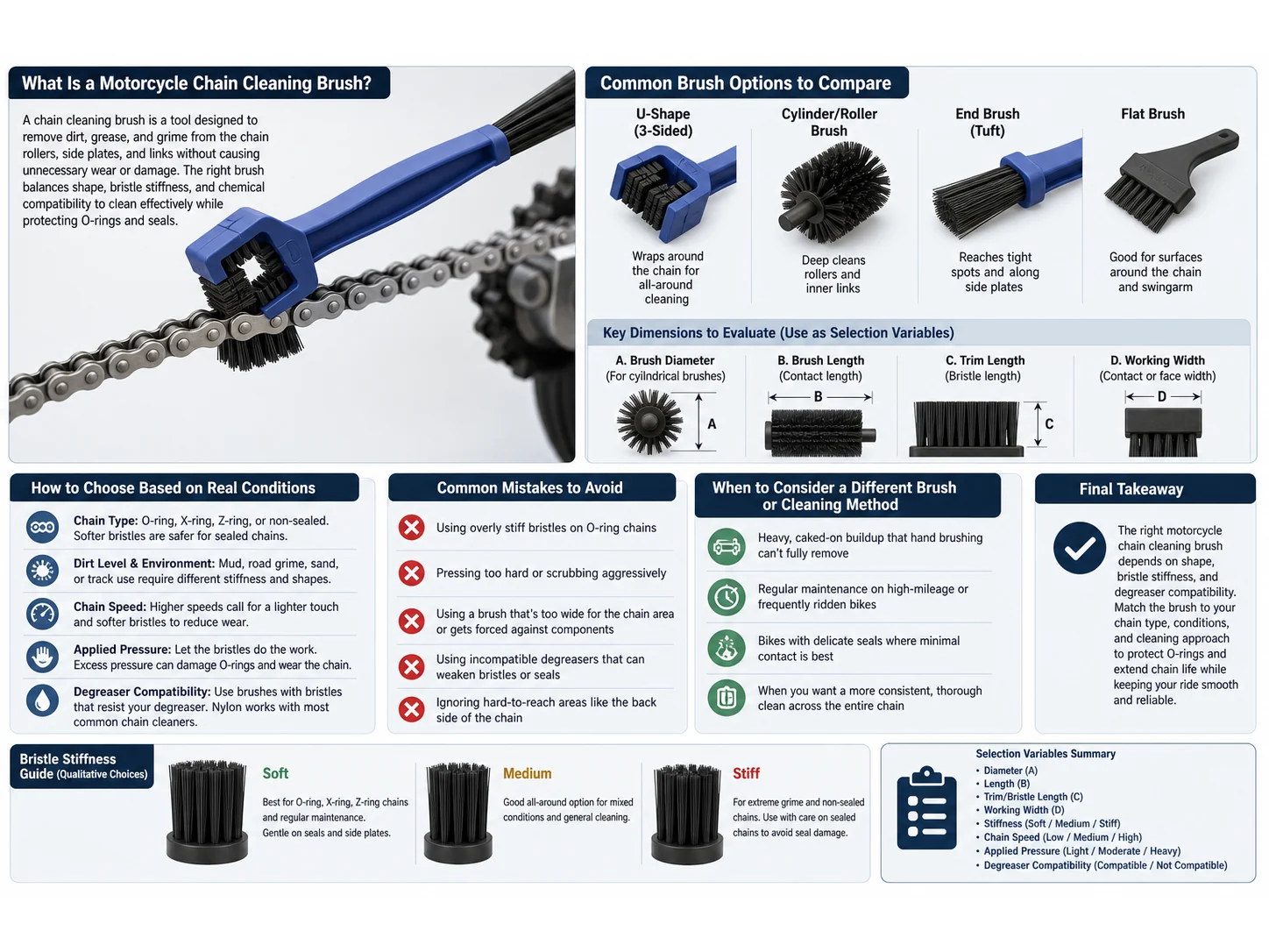 Motorcycle Chain Cleaning Brush: Shape, Bristle Stiffness, and Degreaser Compatibility