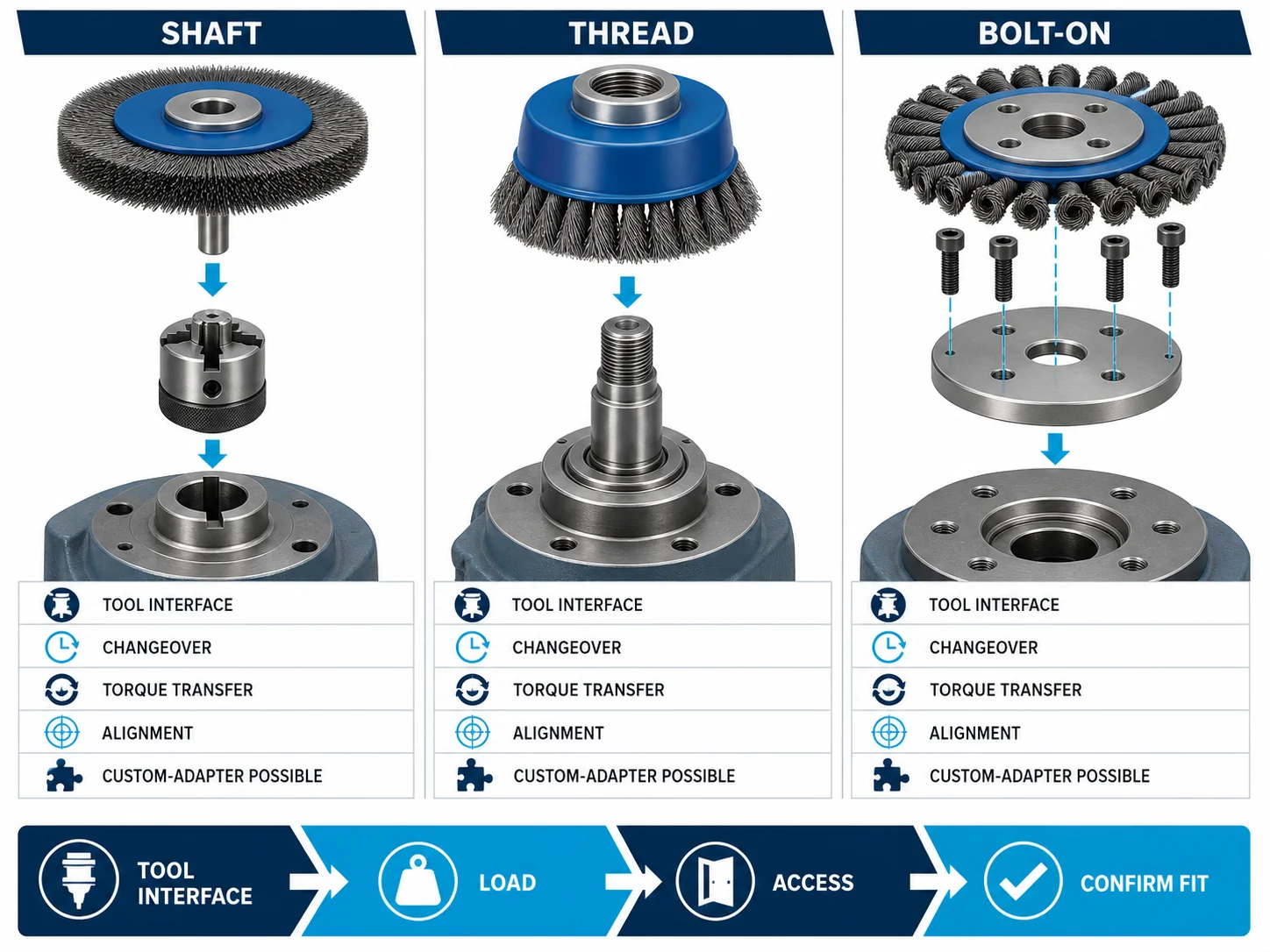 How to Choose the Right Brush Mounting Method: Shaft vs Thread vs Bolt-On
