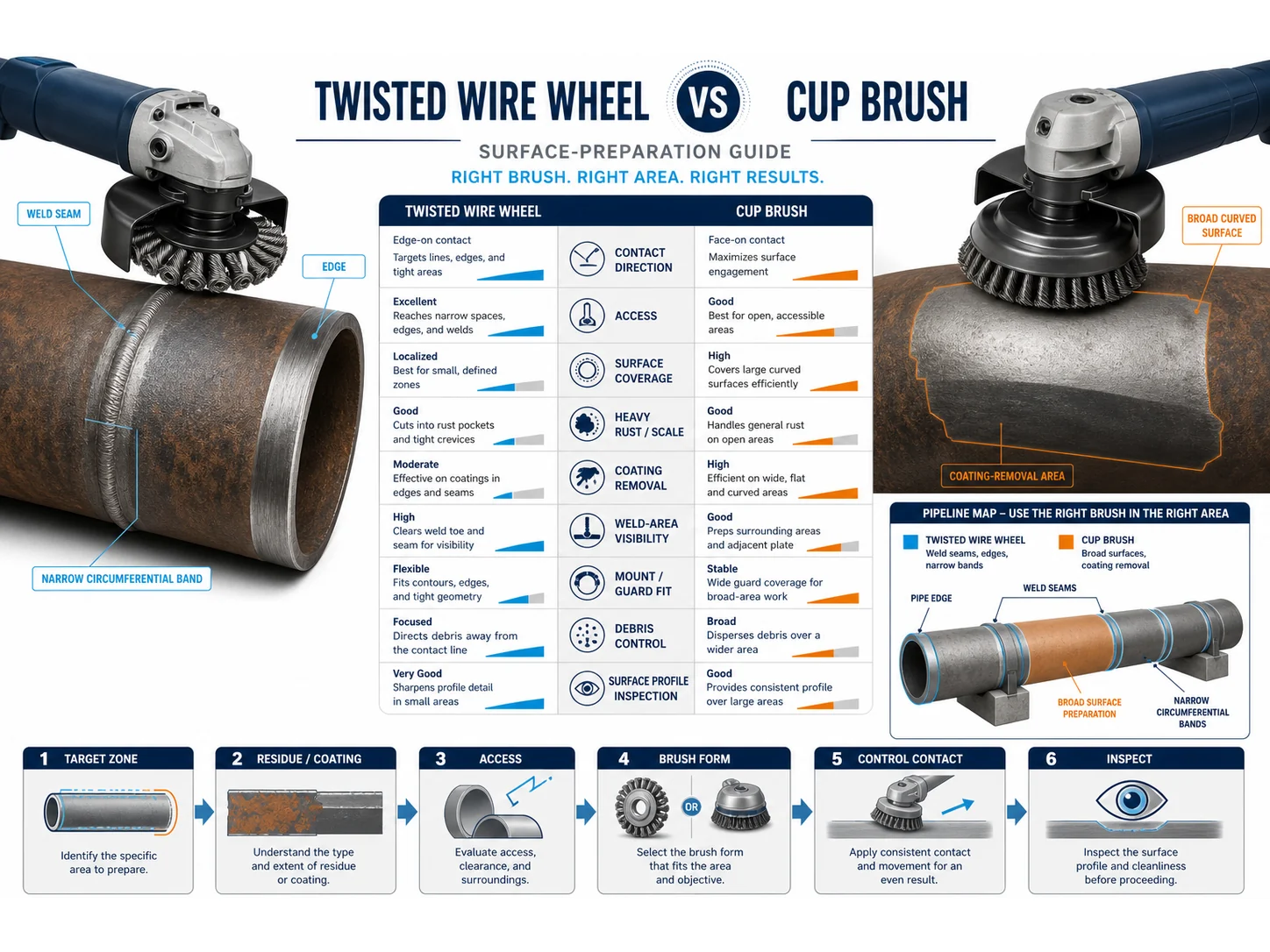 Oil and Gas Pipeline Surface Prep Brushes: Twisted Wire vs Cup Brush