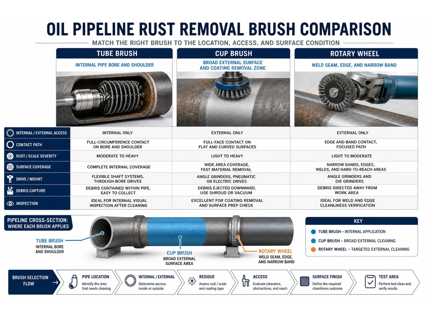 Oil Pipeline Rust Removal Brushes: Tube vs Cup vs Rotary Types