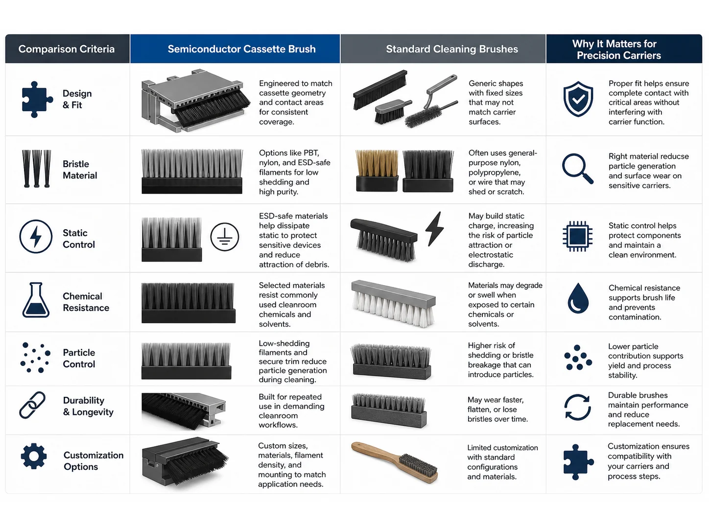 Semiconductor Cassette Brush vs Standard Cleaning Brushes: Which Works Better for Precision Carriers?