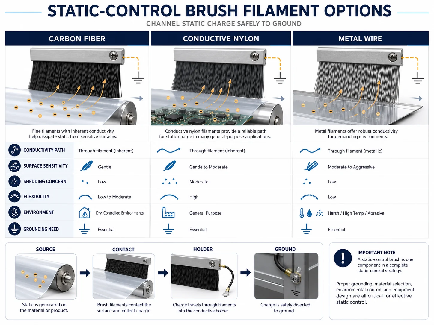 Static-Control Brush Selection Guide: Carbon Fiber vs Conductive Nylon vs Metal Wire