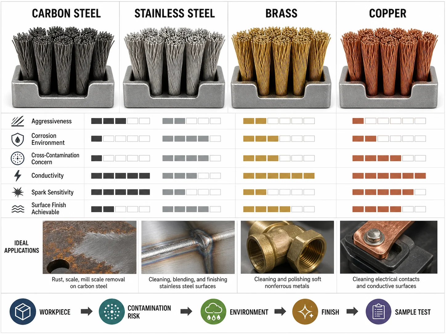 Carbon Steel vs Stainless Steel vs Brass vs Copper Wire Brush Selection