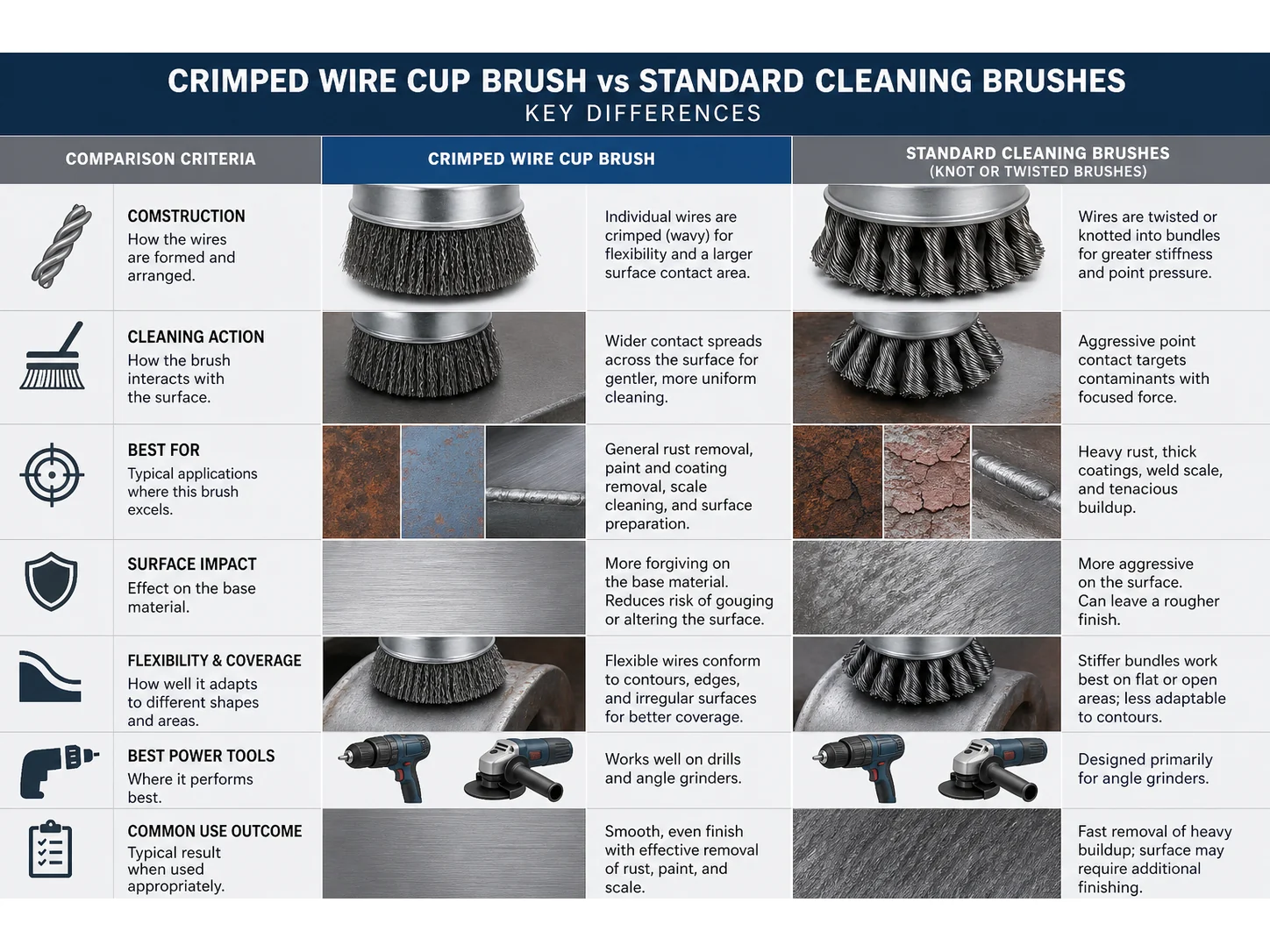 Wire Cup Brush Crimped vs Standard Cleaning Brushes: Which Works Better for Drill and Grinder Attachments?